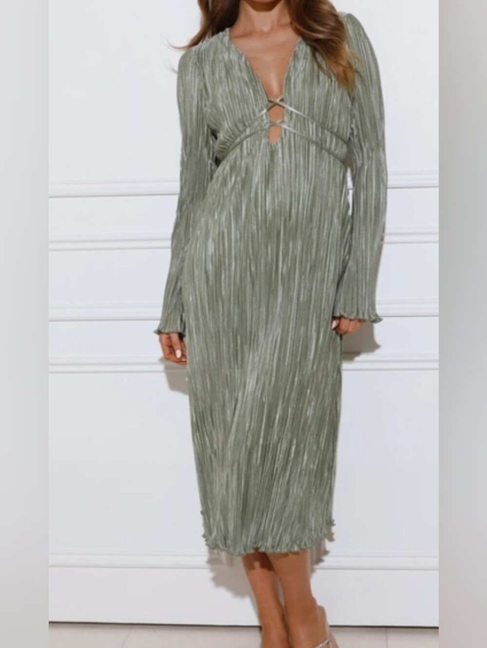 Hello Molly Sage Green Pleated Midi Dress